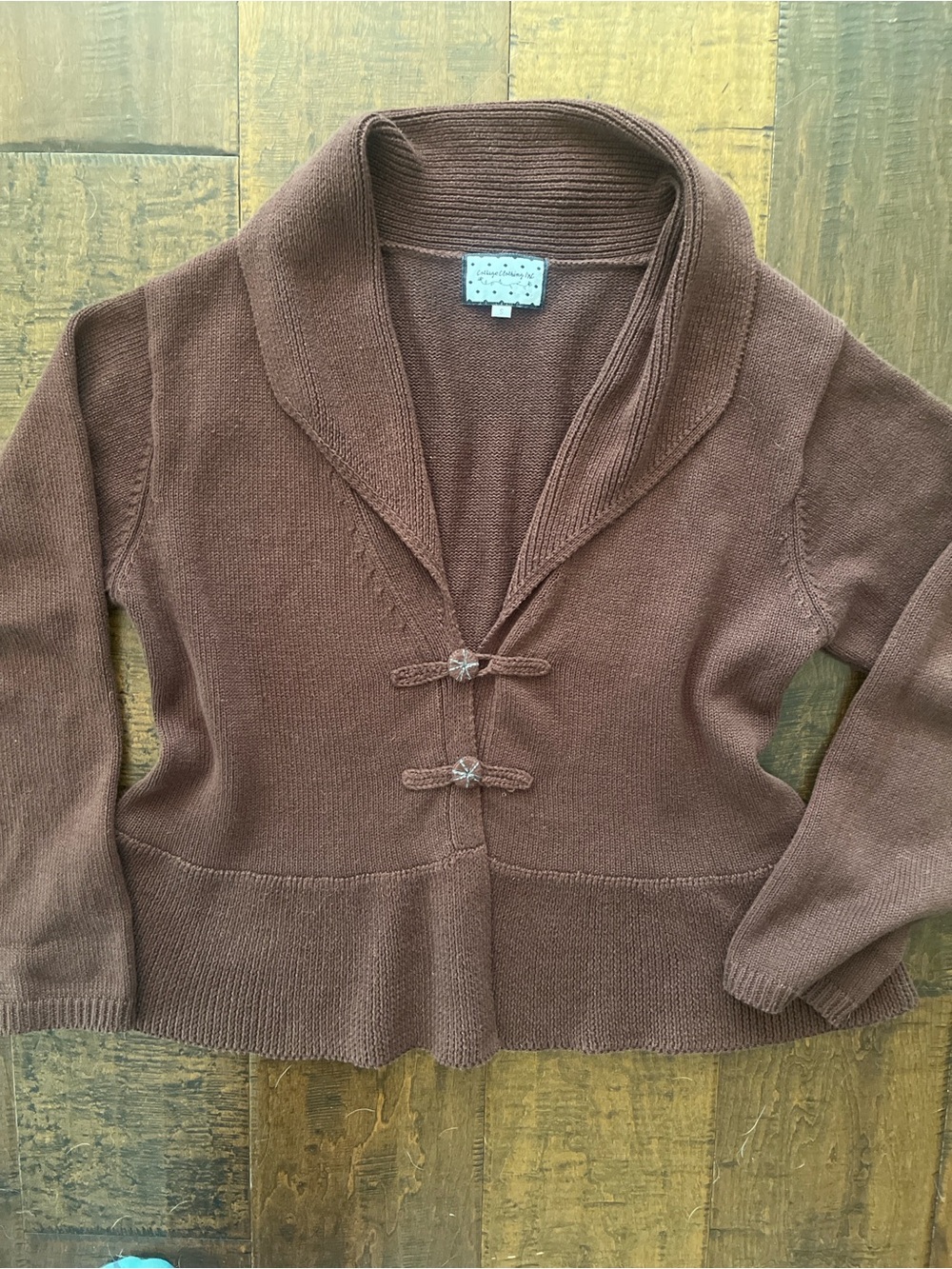 Chocolate brown linen/cotton shawl collar peplum cardigan with frog closures